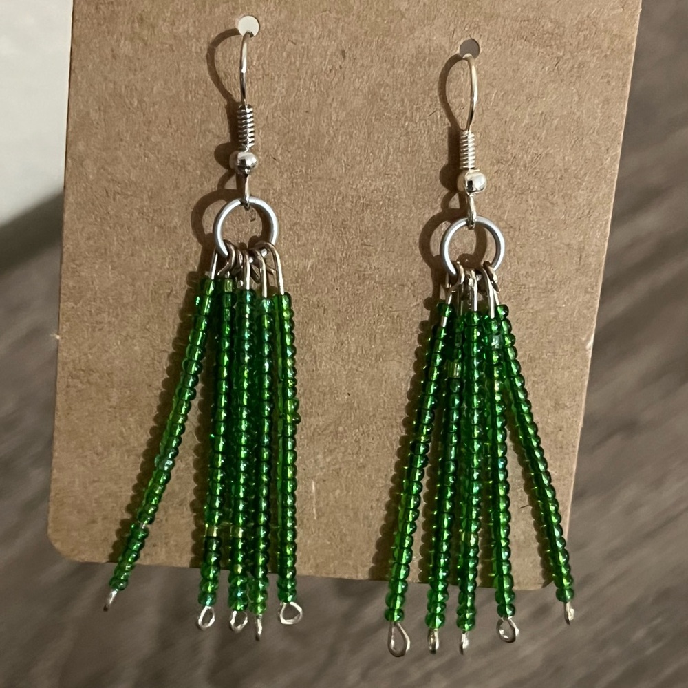 Green Beaded Tassel Earrings